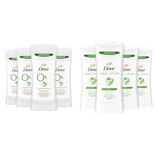Dove 0% Aluminum Deodorant Stick Cucumber and Green Tea 4 Count Bundle with Dove Advanced Care Antiperspirant Deodorant Stick Cool Essentials 4 ct