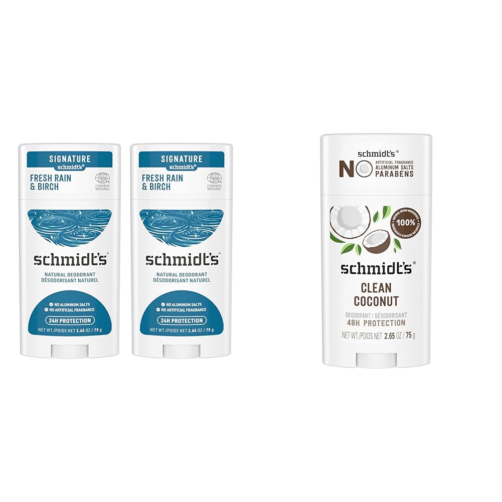 Schmidt's 100% Natural Origin Ingredient Deodorant Stick Fresh Rain & Birch & Aluminum-Free Vegan Deodorant Clean Coconut for Women and Men