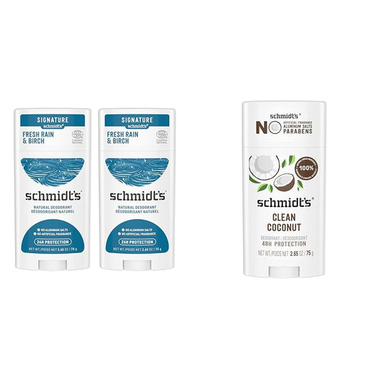 Schmidt's 100% Natural Origin Ingredient Deodorant Stick Fresh Rain & Birch & Aluminum-Free Vegan Deodorant Clean Coconut for Women and Men