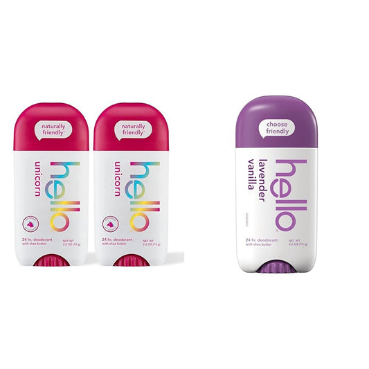 Hello Unicorn Aluminum Free Deodorant for Women, Girls, Safe for Kids 2 Pack and Hello Lavender Vanilla Vegan Deodorant for Women and Men 2.6 oz Stick