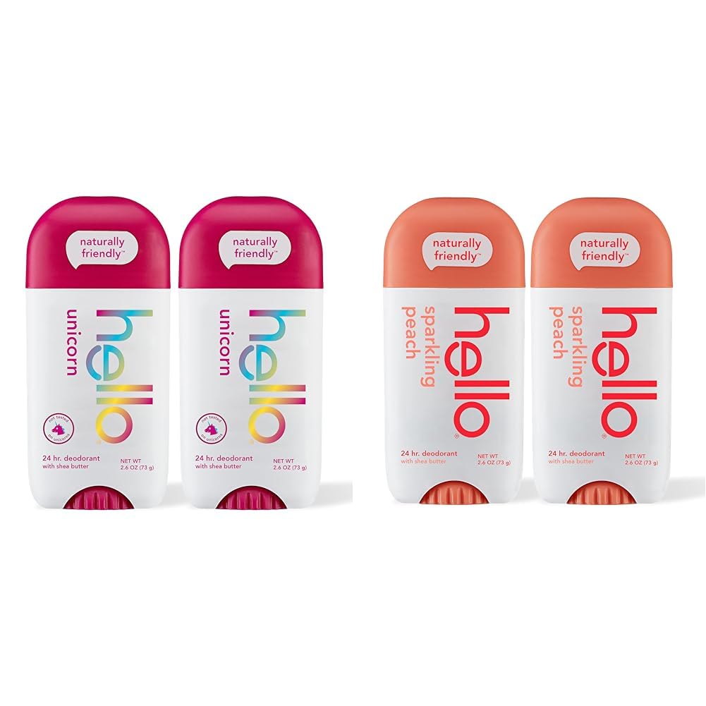 hello Unicorn and Peach Aluminum Free Deodorant Bundle for Women, Men, Kids, Pack of 2, Pack of 2