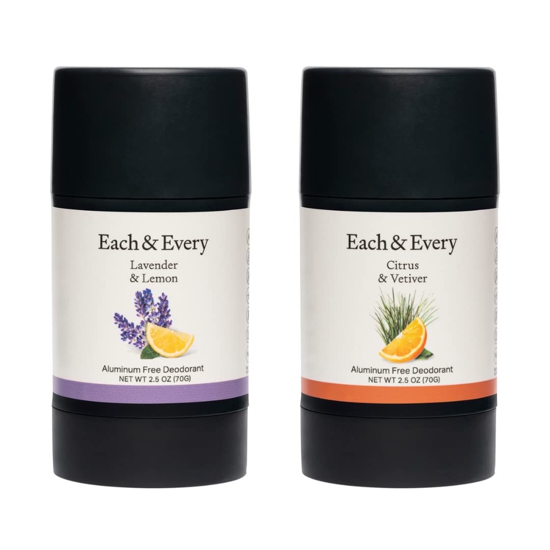 Each & Every 2-Pack, Natural Aluminum-Free Deodorant for Sensitive Skin Made with Essential Oils, Plant-Based Packaging, 2.5 Oz.(Lavender & Lemon, Citrus & Vetiver)