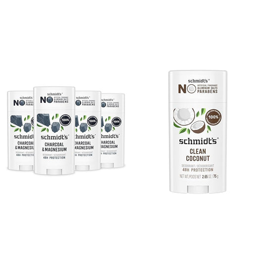 Schmidt's Aluminum-Free Vegan Deodorant Charcoal & Magnesium 4 Count and Clean Coconut 2.65 oz Sticks with 24 Hour Odor Protection