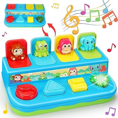 Interactive Pop Up Animals Toy with Music, Animal Sound Light up Montessori Cause and Effect Toys for 6-12-18 Months Early Learning 1 Year Old Kids, Babies, Toddlers Age 2-4