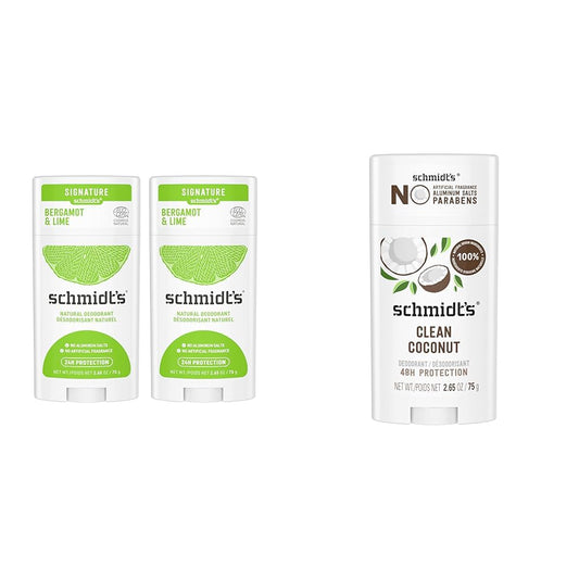 Schmidt's Aluminum Free Natural Deodorant 2 Pack - Bergamot & Lime and Clean Coconut Scents, 24 Hour Odor Protection, Cruelty Free