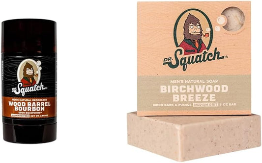 Dr. Squatch Men's Natural Deodorant Wood Barrel Bourbon 1 Pack & Birchwood Breeze Bar Soap 5 oz