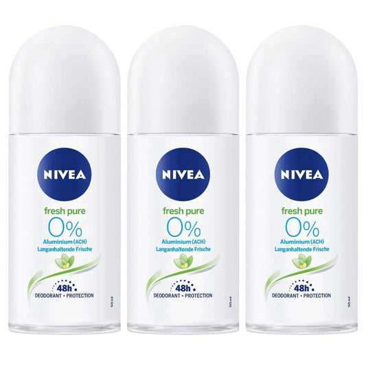 Nivea Fresh Pure Roll-On Deodorant 0% Aluminum Salts- PACK OF 3 X 50 ml ea