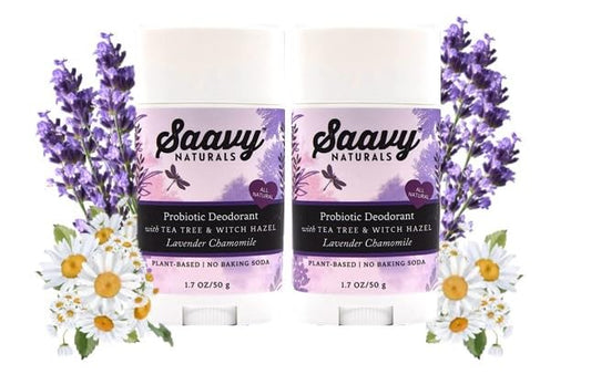 2 PACK- Saavy Naturals Probiotic Deodorant, Aluminum-Free, Baking Soda Free, No Residue, All Day Protection for Women and Men, Natural Vegan Formula, Lavender Chamomile - 1.7 Oz