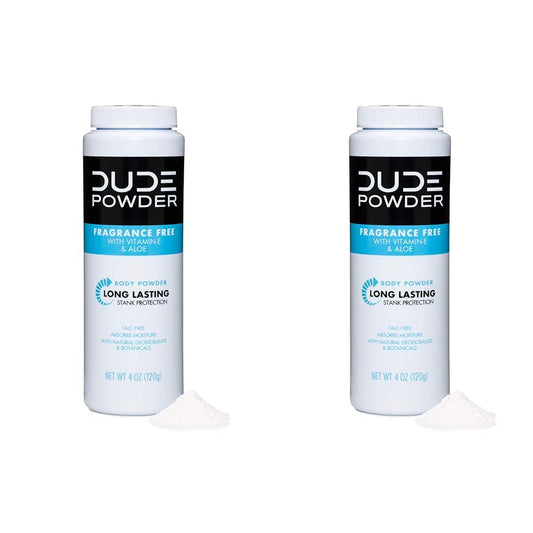DUDE Body Powder - Fragrance Free 4 Ounce Bottle Natural Deodorizers with Chamomile & Aloe, Talc Free Formula, Corn-Starch Based Daily Post-Shower Deodorizing Powder for Men (Pack of 2)