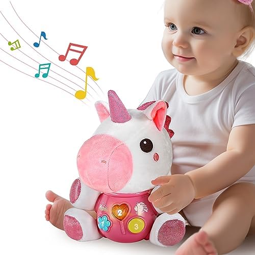 iPlay, iLearn Baby Unicorn Musical Toys, Newborn Girls Soft Plush Stuffed Animal, Infant Light Up Music Set, Birthday Shower Valentine Gift Basket Stuff 0 1 3 6 9 12 18 Months 1 2 Year Old Toddler Boy