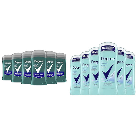 Degree Men Original Aluminum Free Deodorant for Men, 48-Hour Odor Protection, Arctic Edge 3 Ounce (Pack of 6) & Advanced Antiperspirant Deodorant Shower Clean, 48-Hour Sweat & Odor Protection