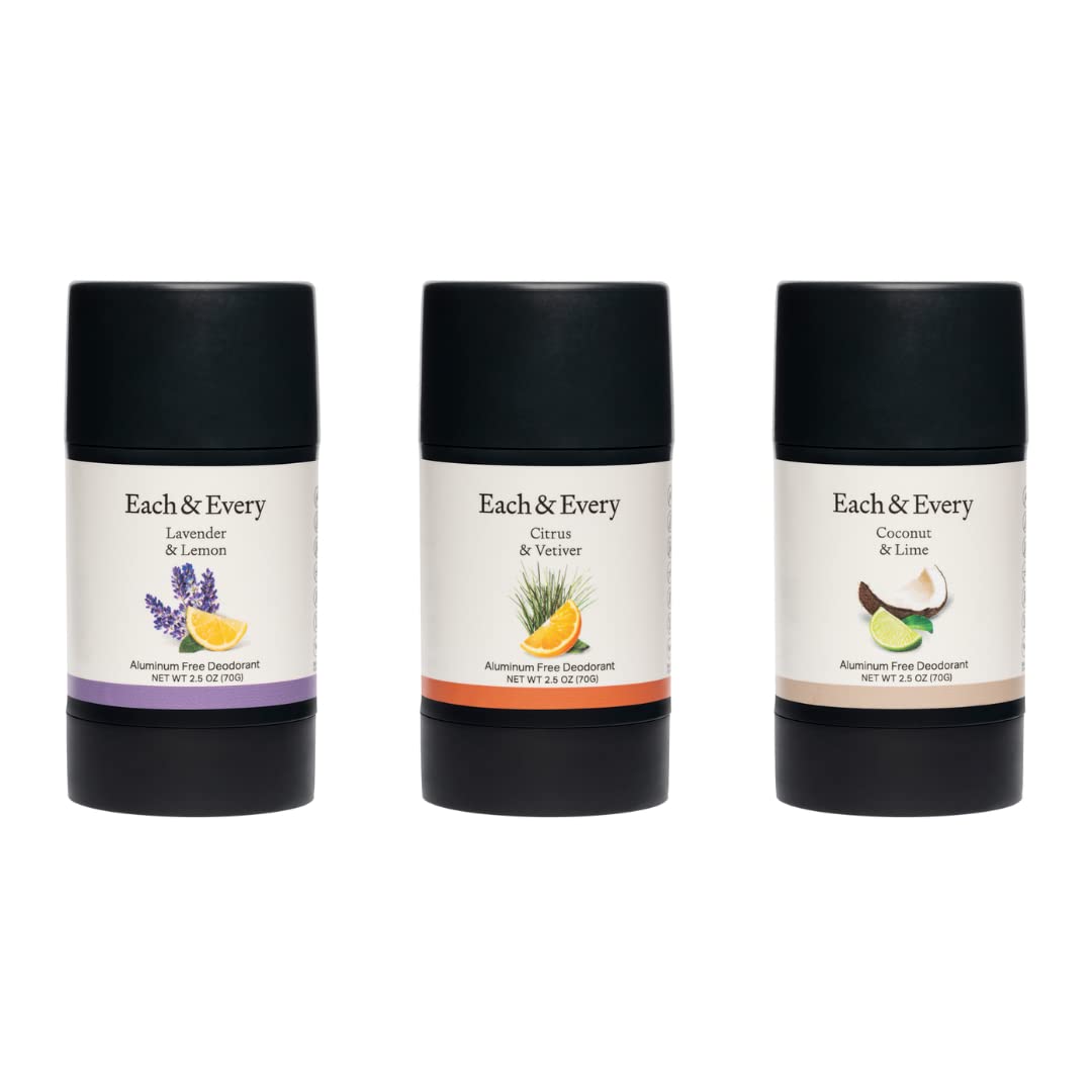 Each & Every 3-Pack, Natural Aluminum-Free Deodorant for Sensitive Skin Made with Essential Oils, 2.5 Oz. (Lavender & Lemon, Citrus & Vetiver, and Coconut & Lime)