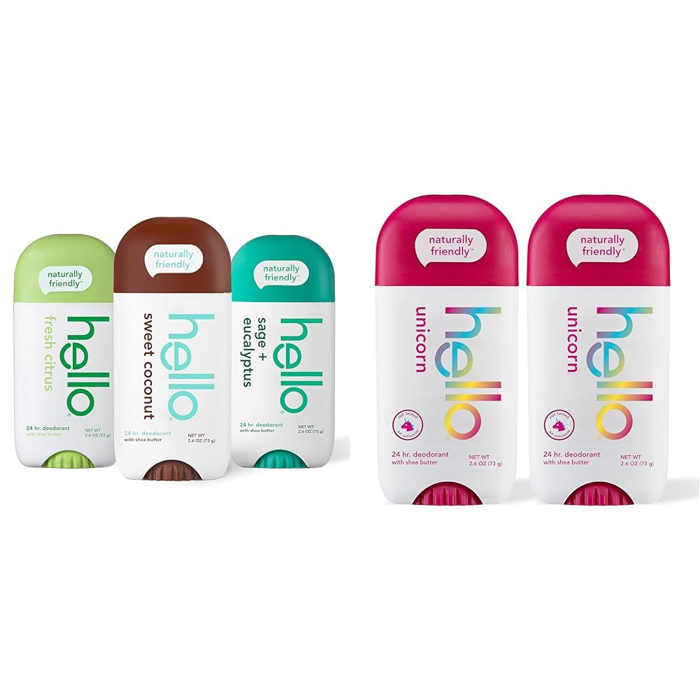 hello Deodorant Variety Pack (Sweet Coconut, Fresh Citrus, White Sage) & Unicorn Aluminum Free Deodorant for Women, Girls, Safe for Kids, Dermatologically tested, Natural Fragrance, 2 Pack