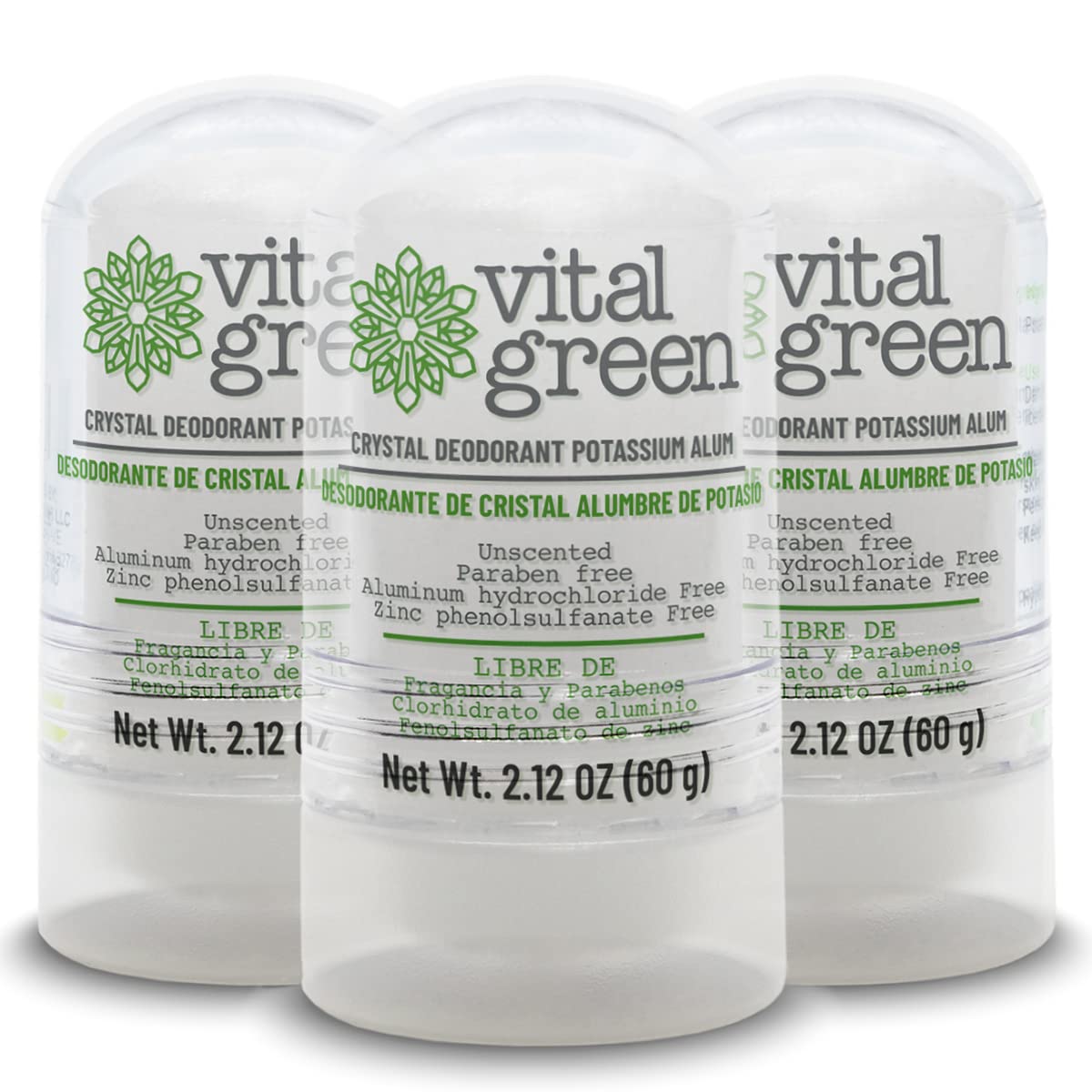 Vital Green Crystal Potassium Alum Deodorant - Unscented Mineral Deodorant For Men, Women And Athletes - 2.12oz / 60 g (3 Units)