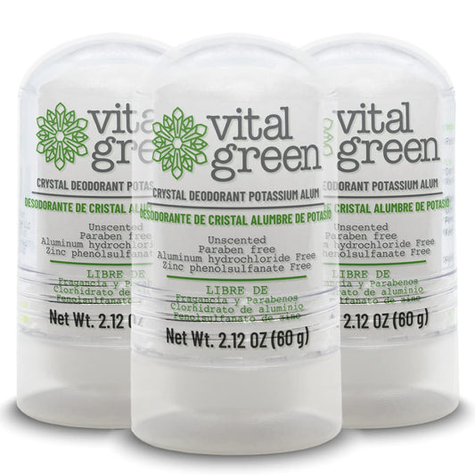 Vital Green Crystal Potassium Alum Deodorant - Unscented Mineral Deodorant For Men, Women And Athletes - 2.12oz / 60 g (3 Units)