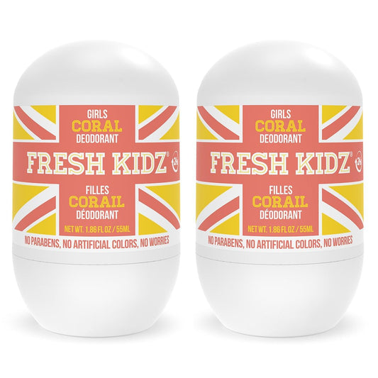 Fresh Kidz Roll On Deodorant for Kids and Teens - Baking Soda and Aluminum-free 24 Hour Protection for Sensitive Skin - Girls "Coral" 1.86 fl.oz. (2 Pack)