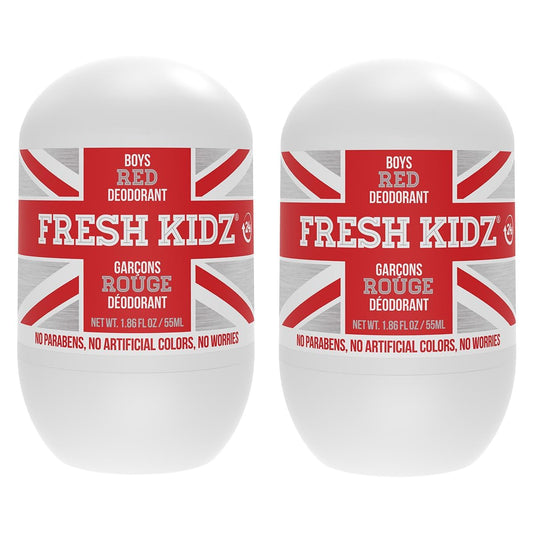 Fresh Kidz Roll On Deodorant for Kids and Teens - Baking Soda and Aluminum-free 24 Hour Protection for Sensitive Skin - Boys "Red" 1.86 fl.oz. (2 Pack)