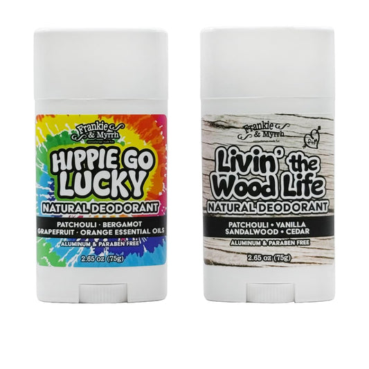 Frankie and Myrrh Hippie Go Lucky and Livin' the Wood Life Dynamic Deo Duo | 2 pack Patchouli Natural Deodorant Bundle 2.56 Oz. Ea.