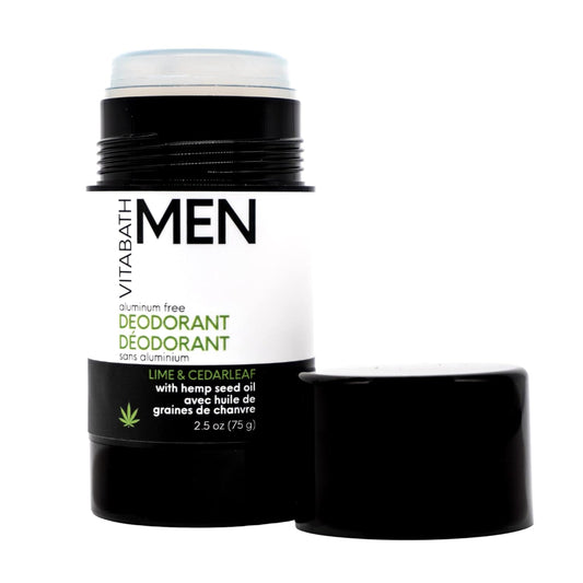 Vitabath Men's Lime & Cedarleaf Aluminum-Free Deodorant Powerful All-Day Fresh & Clean Clear Stick - Moisturizing Hemp Seed Oil Underarm Odor, Sweat & Skin Protection - 2.6 oz