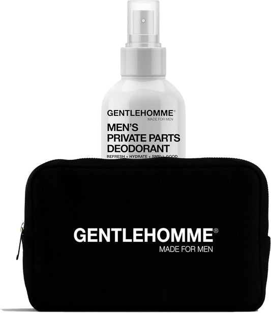 Private Parts Deodorant Spray (4 fl oz) & Neoprene Toiletry Bag for Men: A Complete Hygiene Kit for Private Parts - Male Care Hygiene - Hydrating & Refreshing Balls - Men's Skincare Bag