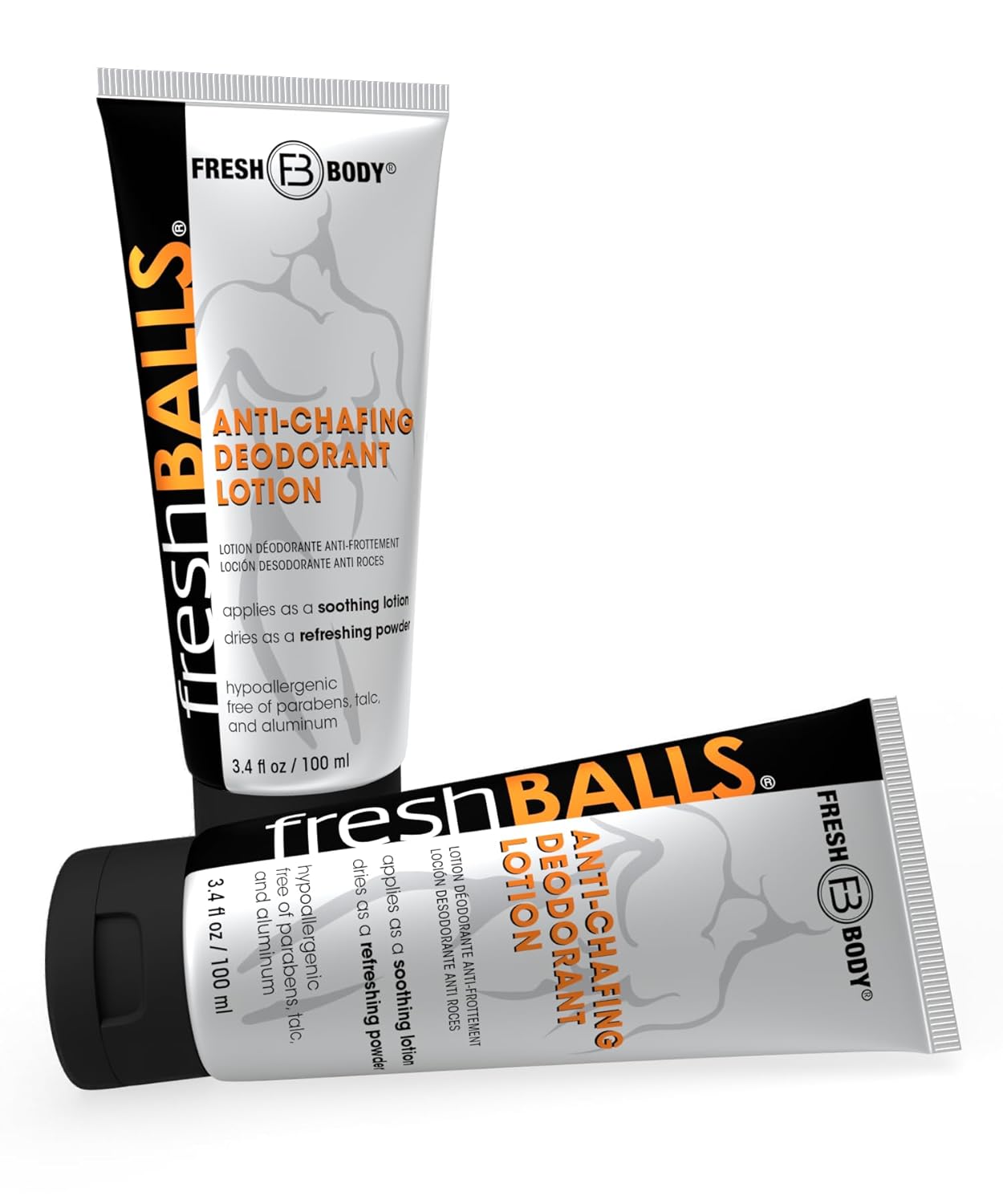 Fresh Body FB BALLS Lotion (2 Pack) Anti-Chafing Men's Soothing Cream to Powder Ball Deodorant and Hygiene for Groin Area, 3.4 fl oz