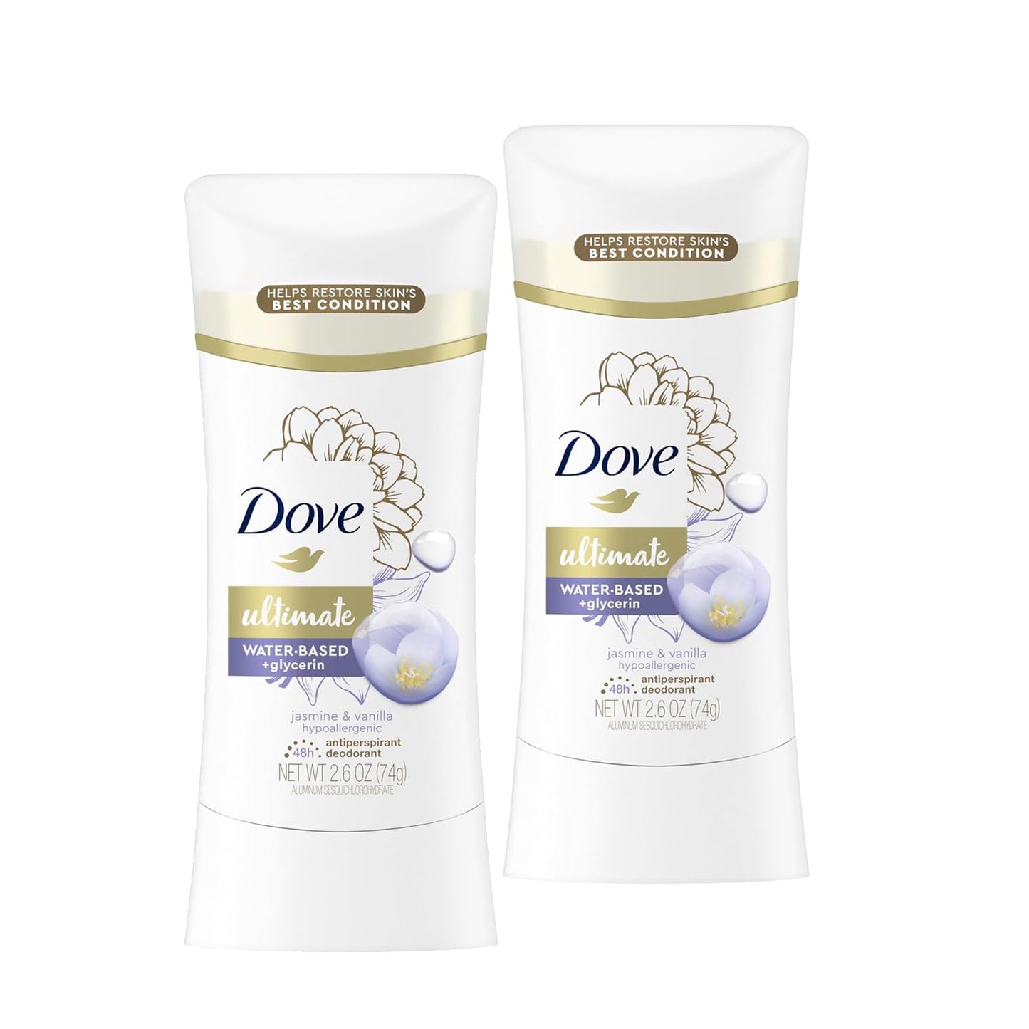 Dove Ultimate Antiperspirant Deodorant Stick, Hypoallergenic, Jasmine & Vanilla, 2.6 oz (Pack of 2)