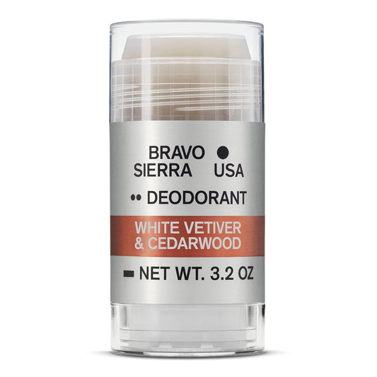 Aluminum-Free Natural Deodorant for Men by Bravo Sierra - Long Lasting All-Day Odor and Sweat Protection - White Vetiver & Cedarwood 3.2 oz - Paraben-Free, Baking Soda Free, Vegan and Cruelty Free - Will Not Stain Clothes.