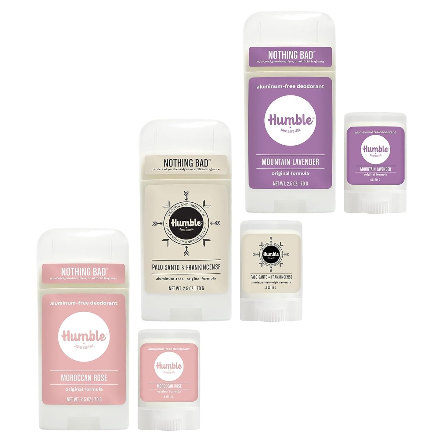 HUMBLE SIMPLE AND TRUE. Moroccan Rose, Palo Santo and Frankincense, and Mountain Lavender - 3 pack Bundle with Full and Travel Size Deodorants