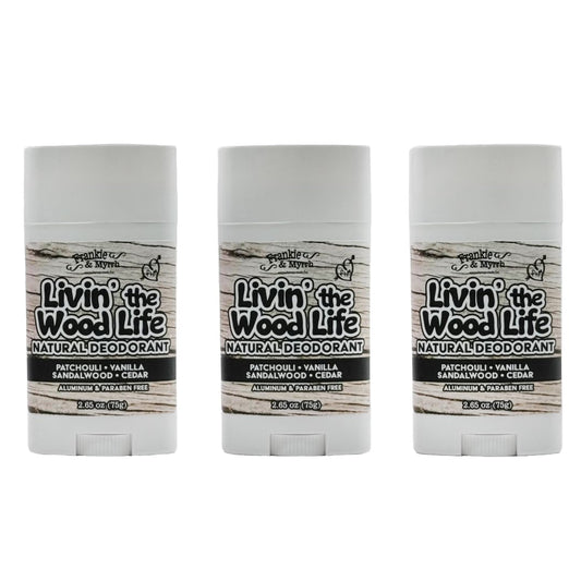 Frankie and Myrrh Livin' the Wood Life 3 Pack Deodorant | Patchouli Vanilla Sandalwood | Real Essential Oils | Aluminum Free (2.56 oz ea.)