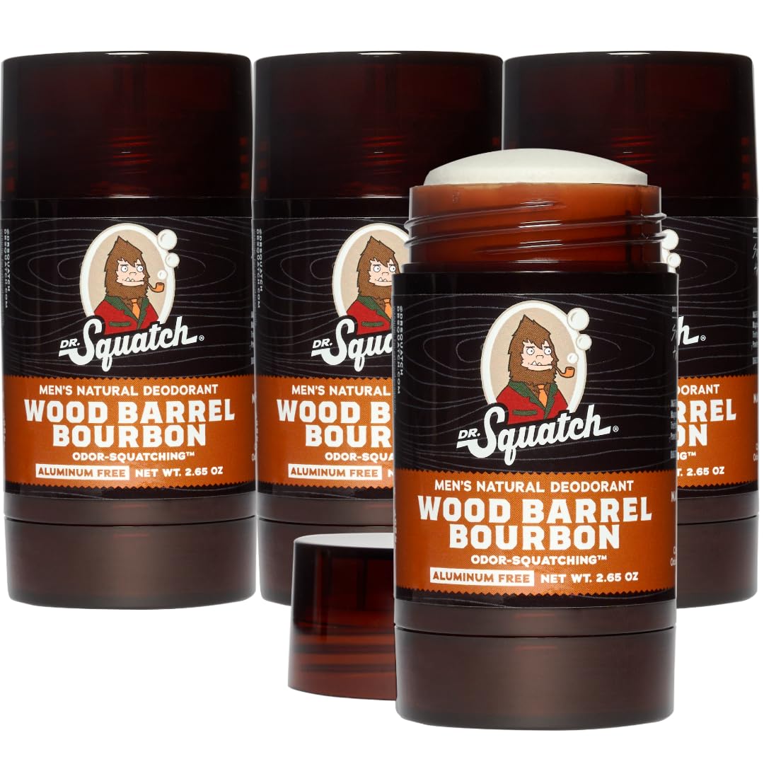 Dr. Squatch Natural Deodorant for Men 4 Pack Wood Barrel Bourbon – Odor-Squatching Men's Deodorant Aluminum-Free - Odor Protection Men's Deodorant