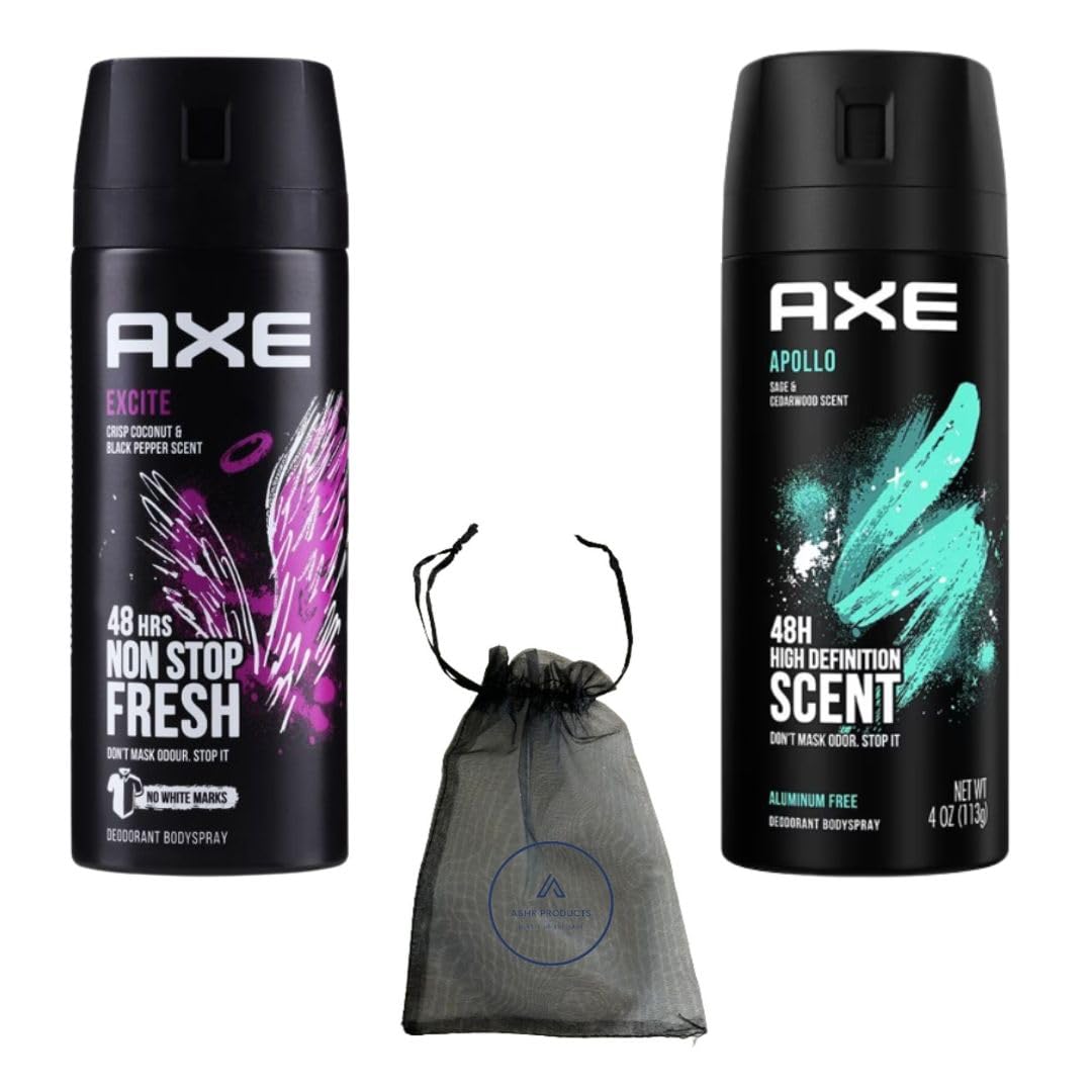 Axe Deodorant Bodyspray for Men, Apollo, Excite, 48 Hours Deodorant Body Spray Ahsr Products Bundle Set, Gift Set Packing, Masculine Scent 150 ml (Pack of 2)