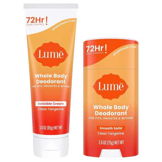 Lume Deodorant Cream - Underarms and Private Parts - Aluminum Free, Baking Soda Free, Hypoallergenic, and Safe For Sensitive Skin - Travel Tube + Cream Deodorant Bundle (Clean Tangerine)