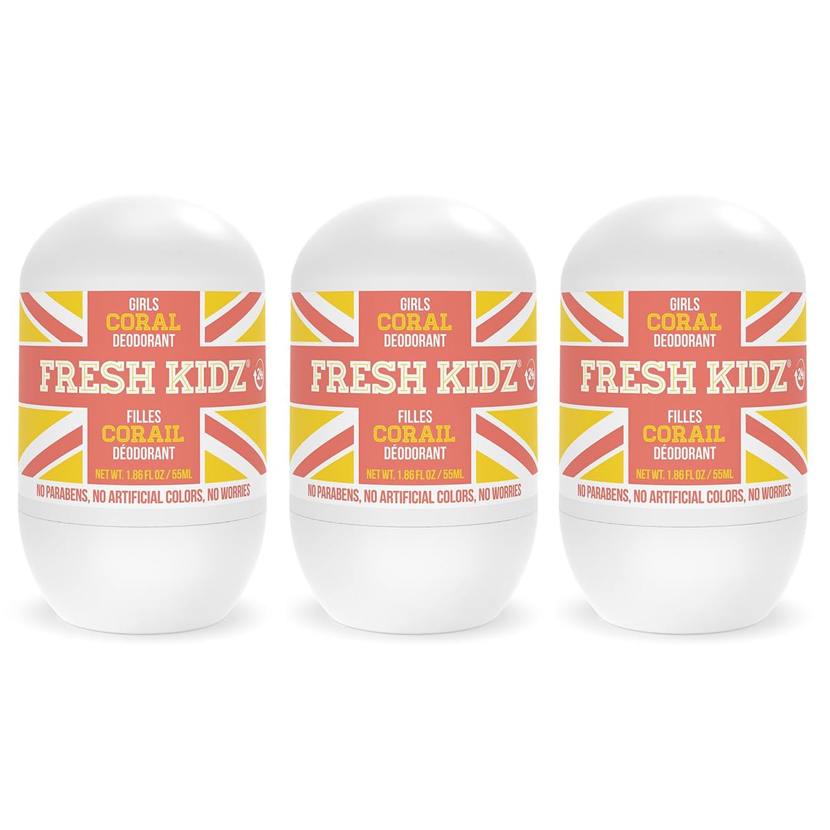 Fresh Kidz Roll On Deodorant for Kids and Teens - Baking Soda and Aluminum-free 24 Hour Protection for Sensitive Skin - Girls "Coral" 1.86 fl.oz. (3 Pack)