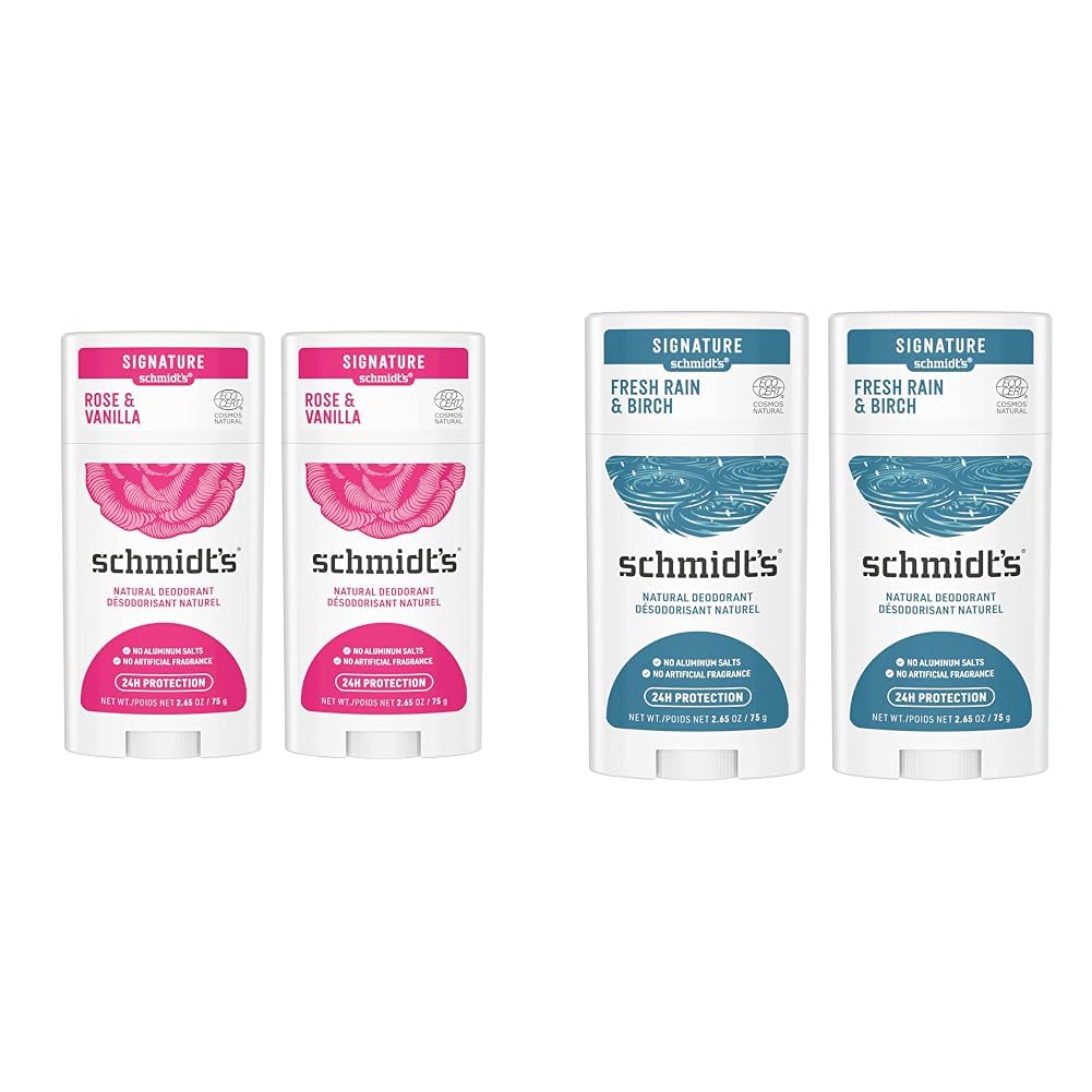 Schmidt's Aluminum Free Natural Deodorant for Women and Men & 100% Natural Origin Ingredient Deodorant Stick Fresh Rain & Birch 2 Count for 24-Hour Odor Protection 2.65 oz
