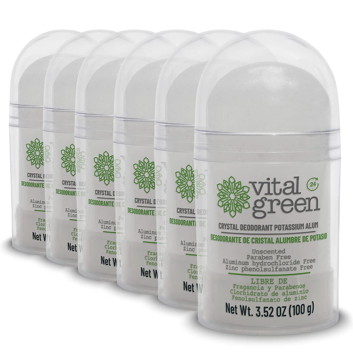 Vital Green Crystal Potassium Alum Deodorant – Unscented Mineral Deodorant For Men, Women And Athletes -3.53oz / 100 g (6 Units)