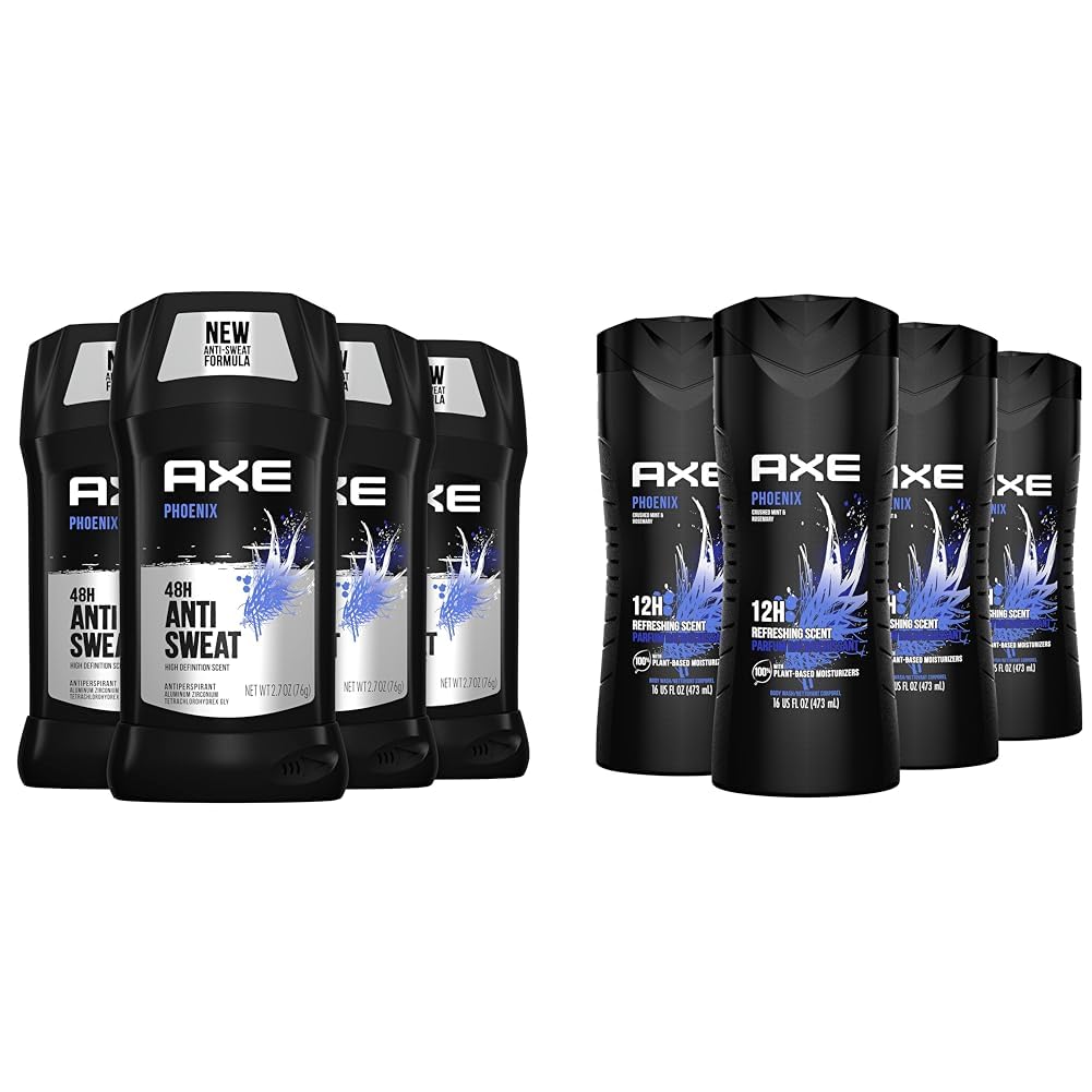 AXE Antiperspirant Deodorant for Men Phoenix 4PK 48H Sweat & Odor Protection for Long Lasting & Body Wash Phoenix 12h Refreshing Scent Crushed Mint & Rosemary 4 count Men's Body Wash