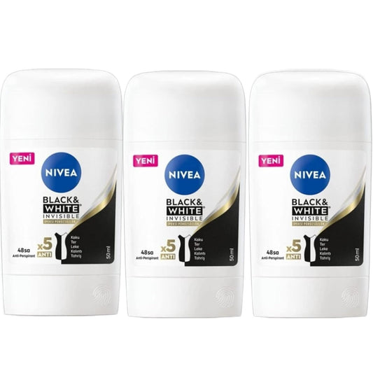 NIVEA NEW STICK BLACK WHITE INVISIBLE STICK DEODORANT 50 ML - THINY APPEARANCE-ANTI-TRANSPIRANT-ERGONOMIC DESIGN-SOLID STICK- (PACK OF 3x50 ML)
