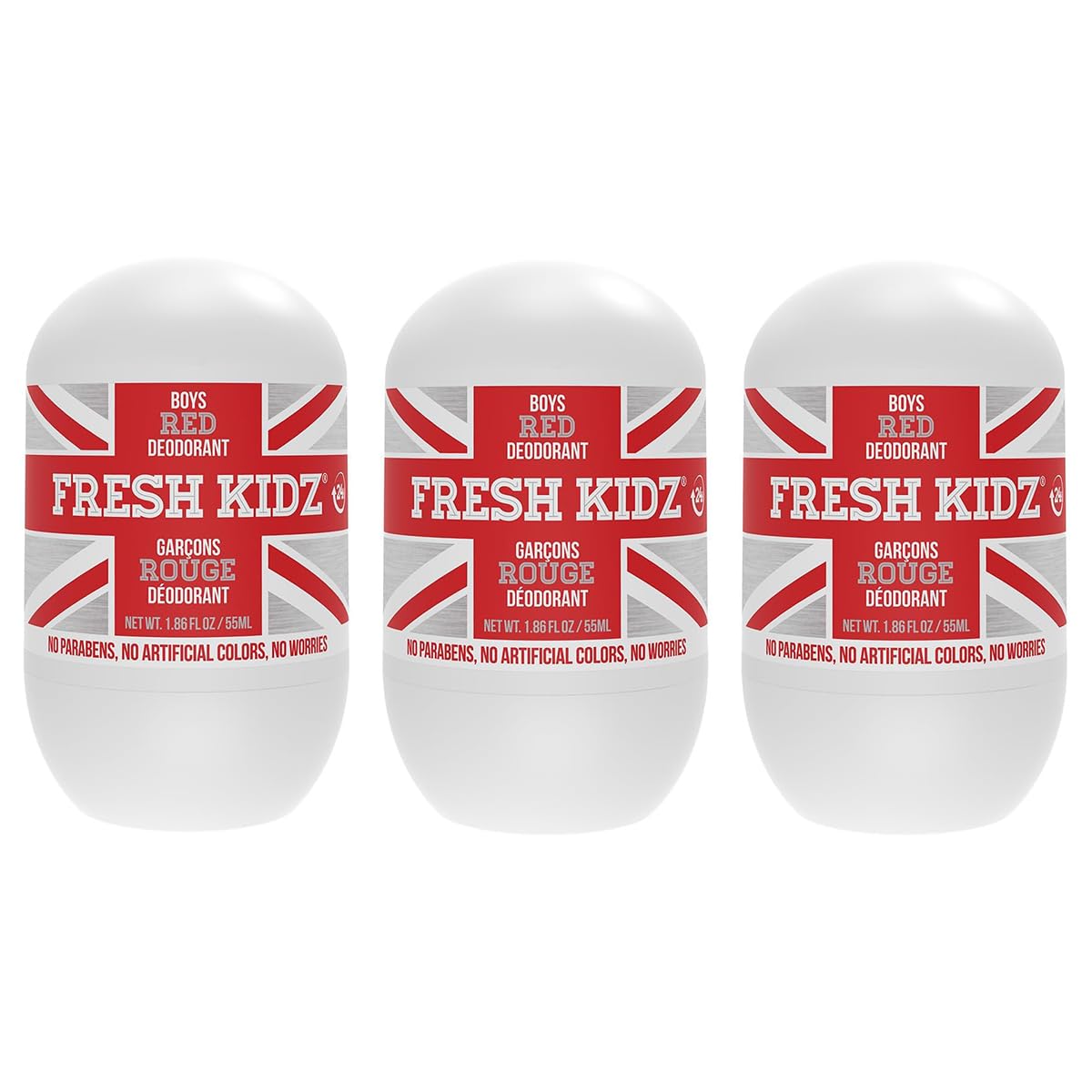 Fresh Kidz Roll On Deodorant for Kids and Teens - Baking Soda and Aluminum-free 24 Hour Protection for Sensitive Skin - Boys "Red" 1.86 fl.oz. (3 Pack)
