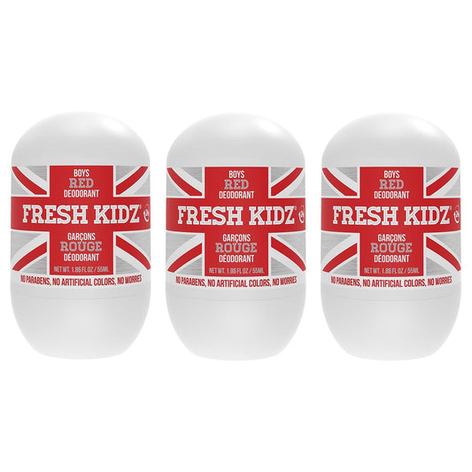 Fresh Kidz Roll On Deodorant for Kids and Teens - Baking Soda and Aluminum-free 24 Hour Protection for Sensitive Skin - Boys "Red" 1.86 fl.oz. (3 Pack)