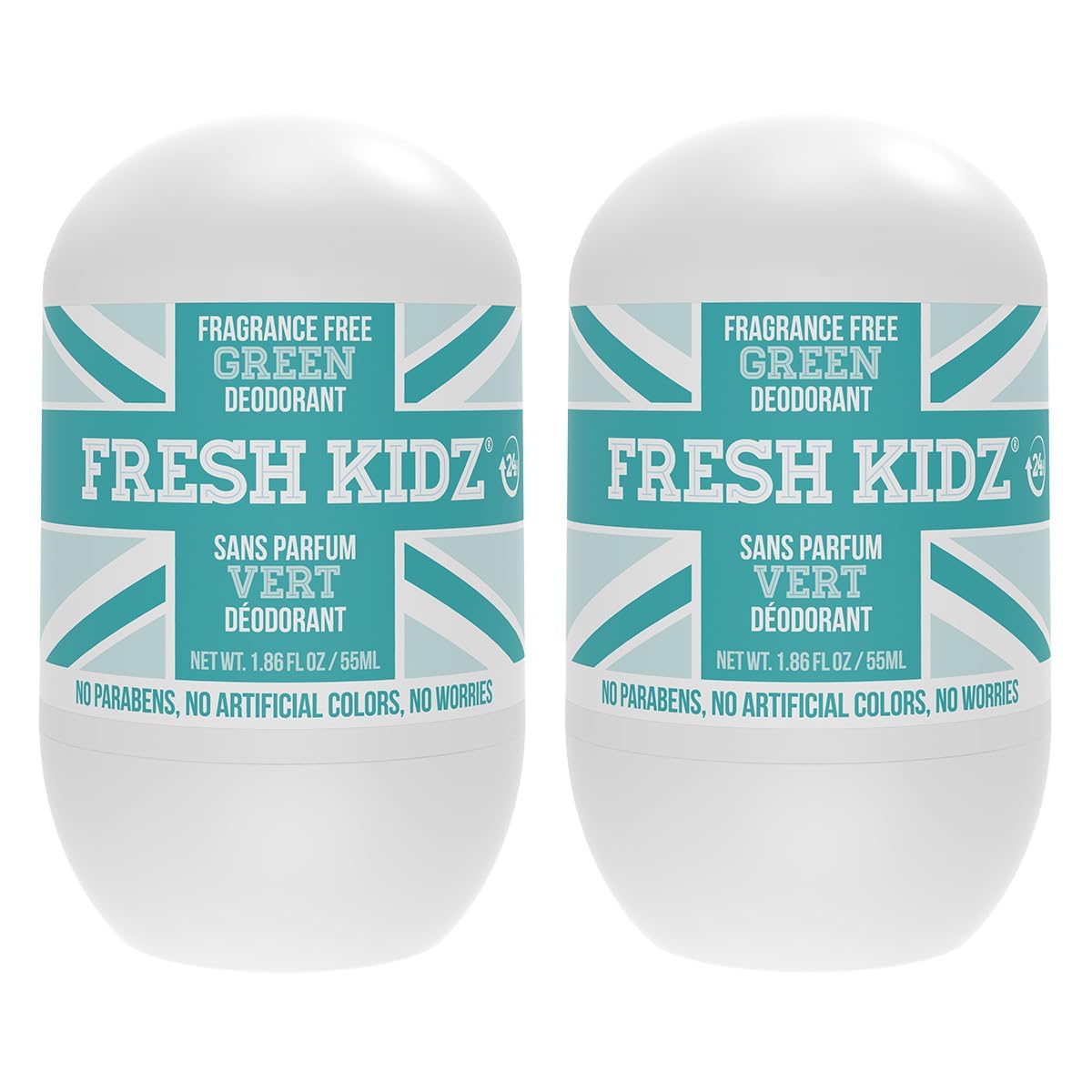 Fresh Kidz Roll On Deodorant for Kids and Teens - Baking Soda and Aluminum-free 24 Hour Protection for Sensitive Skin - Unscented "Green" 1.86 fl.oz. (2 Pack)