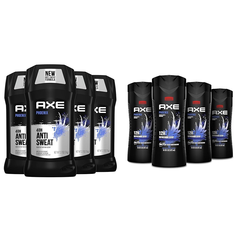 AXE Antiperspirant Deodorant for Men Phoenix 4PK 48H Sweat & Odor Protection for Long Lasting Freshness & Body Wash Phoenix 4 Count 12h Refreshing Scent Crushed Mint & Rosemary Men's Body Wash