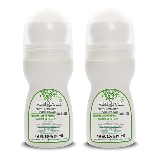 Vital Green Natural Roll On Deodorant of Potassium Alum – For all Skin Types – Unscented Mineral Deodorant For Men and Women - Eliminates bad odor and does not stain – 3.04 Fl Oz / 90 ml (2 Units)