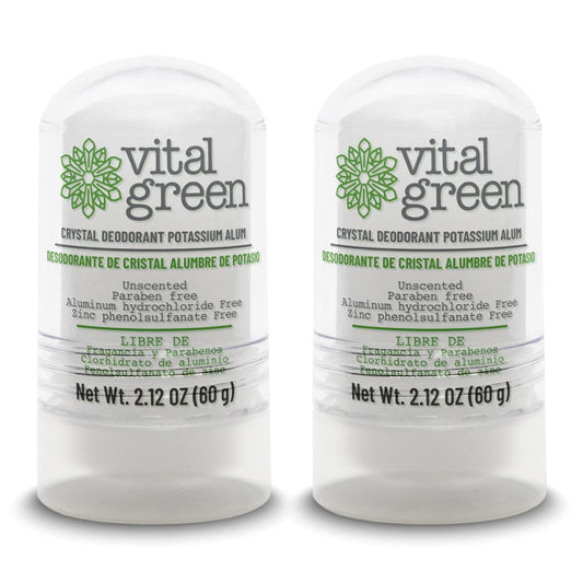 Vital Green Crystal Potassium Alum Deodorant - Unscented Mineral Deodorant For Men, Women And Athletes - 2.12oz / 60 g (2 Units)