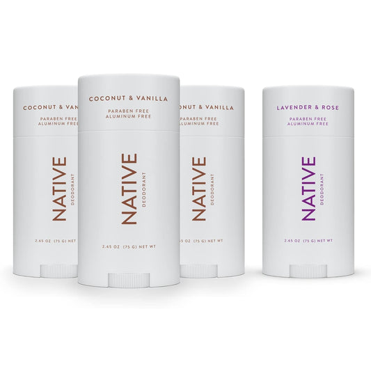 Native Deodorant | Natural Deodorant for Women and Men, Seasonal Scents, Aluminum Free with Baking Soda, Probiotics, Coconut Oil and Shea Butter | Coconut & Vanilla (3) & Lavender & Rose (1)