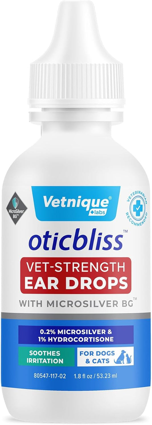 Vetnique Labs Oticbliss Vet-Strength Ear Drops for Dogs & Cats with MicroSilver BG & 1% Hydrocortisone Soothing Relief for Irritated Ears Dog Ear Cleaner, Alcohol-Free Ear Drops with Chitosan 1.8oz