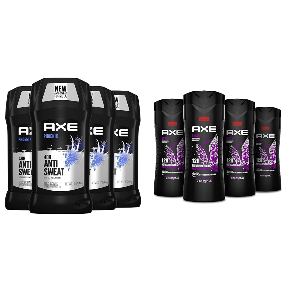 AXE Antiperspirant Deodorant Phoenix 4PK 48H Sweat & Odor Protection Crushed Mint & Rosemary + AXE Body Wash Excite 4PK 12H Refreshing Scent Crisp Coconut & Black Pepper