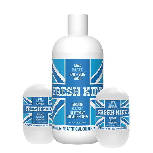 Fresh Kidz Hair & Body Wash 16.9 fl.oz. and 2 Roll On Deodorants 1.86 fl.oz. for Kids and Teens - Boys Blue Set
