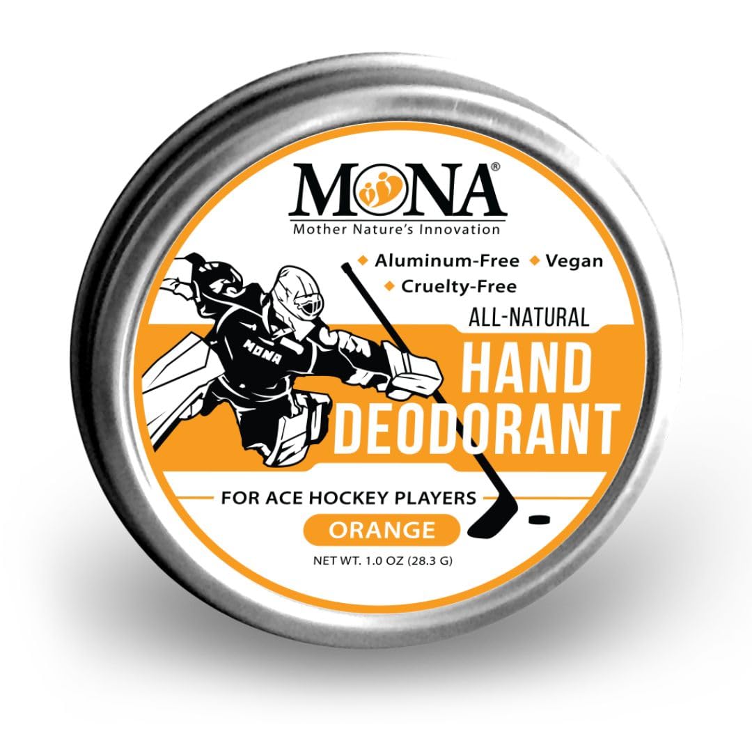 MONA BRANDS All Natural HAND DEODORANT for Ace Hockey Players | For athletes who wear gloves | Vegan, Non-GMO, Cruelty free | ORANGE Scent | 1oz