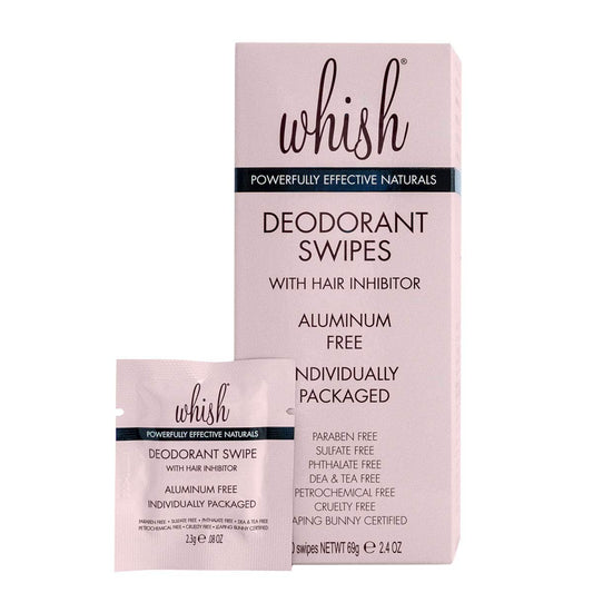 Whish Deodorant Swipes - With Natural Hair Inhibitor - Aluminum Free Deodorant Wipes - Refreshing On-The-Go Armpit Wipes - Individually Wrapped - Paraben & Sulfate Free - 30 Count
