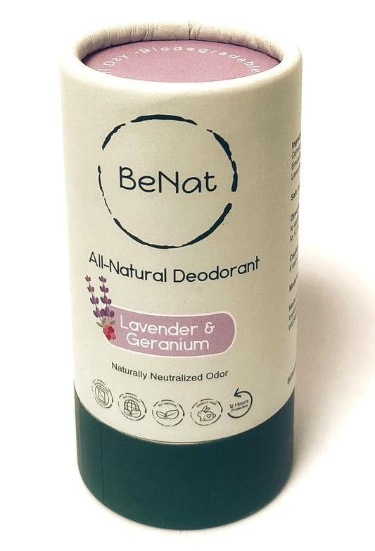 BeNat All Natural Deodorant Plastic Free For Women & Men Lavender & Geranium Aluminum Free, Gluten Free & Cruelty Free 24 Hour Long Lasting Protection Zero Waste Eco Friendly Products 3oz